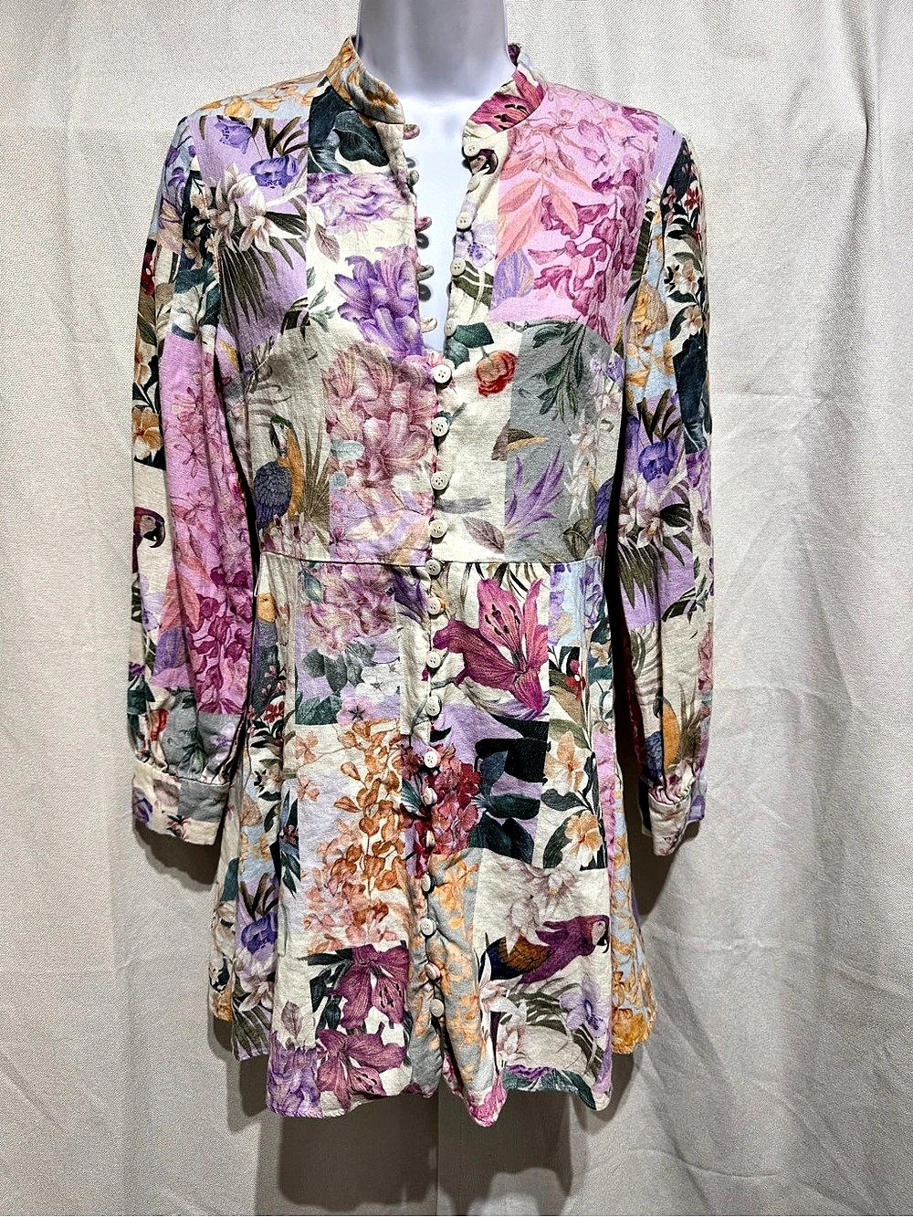 ZARA Linen Blend Button Up Mini Dress Long Sleeve Floral Parrot Tropical Size S